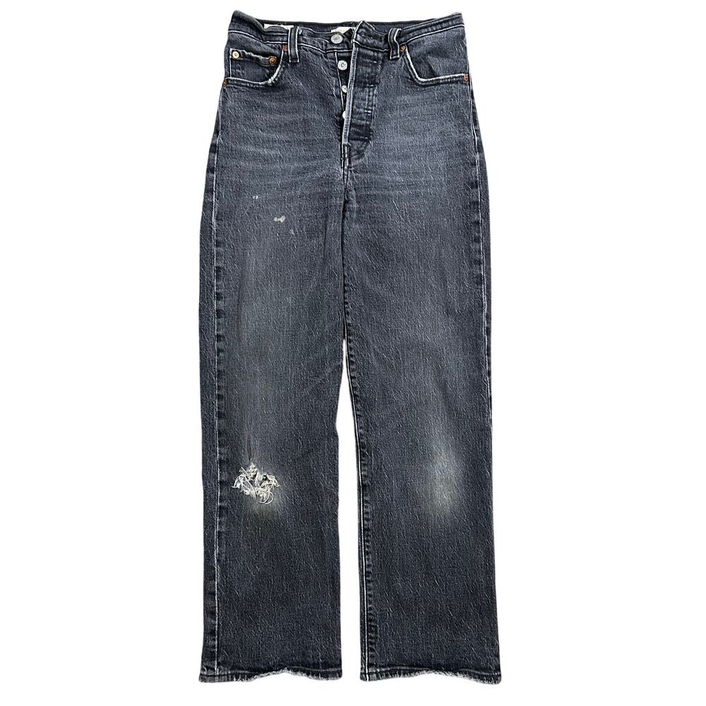 Levi’s Premium Ribcage Straight Jeans Womens 26x27 Black Distressed Button Fly
